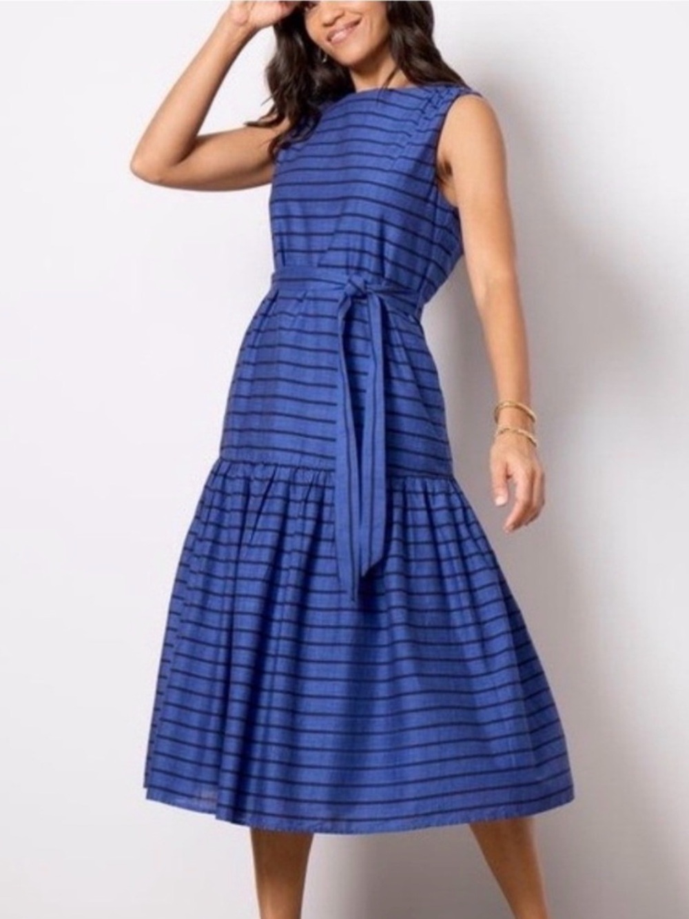 Evereve Royal Blue Striped Tie-Waist Midi Dress